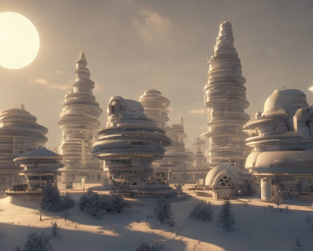 Snow-covered futuristic cityscape with tiered buildings under a low sun