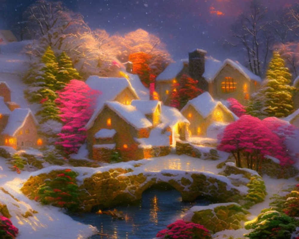 Snow-covered village with illuminated houses, stone bridge, and snowy trees at dusk