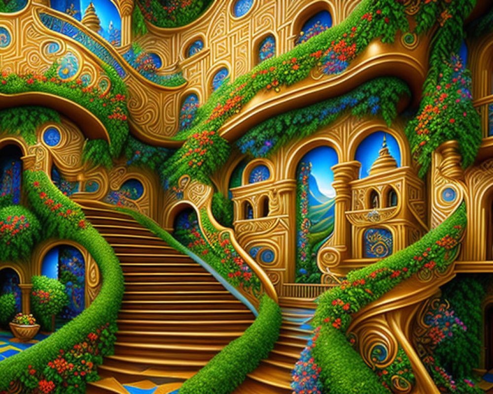 Intricate golden palace with intertwining staircases and vibrant foliage