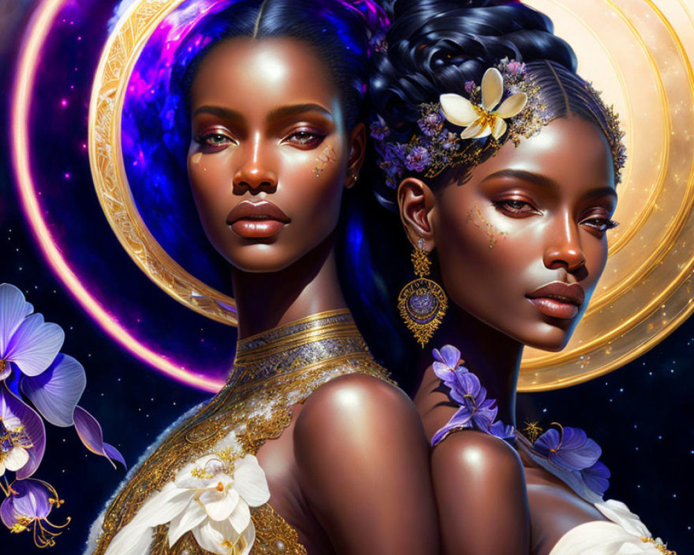 Illustrated Women with Dark Skin, Golden Jewelry, Purple Flowers, and Cosmic Background