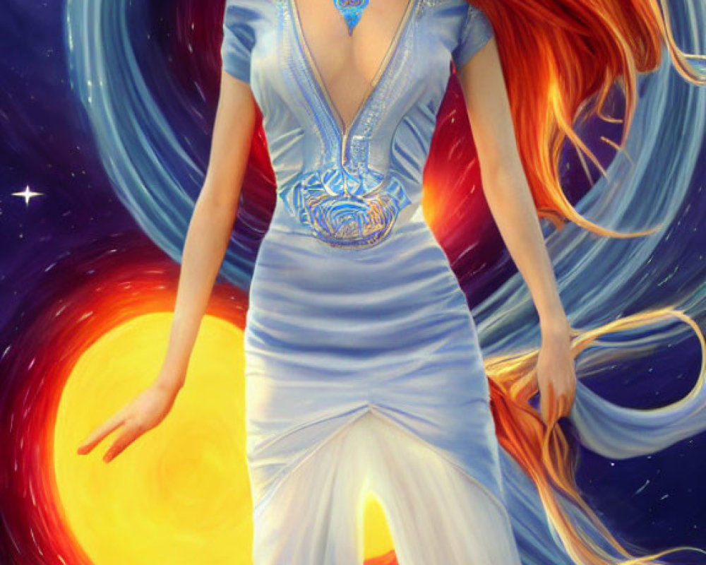 Red-haired woman in blue dress amidst cosmic galaxies