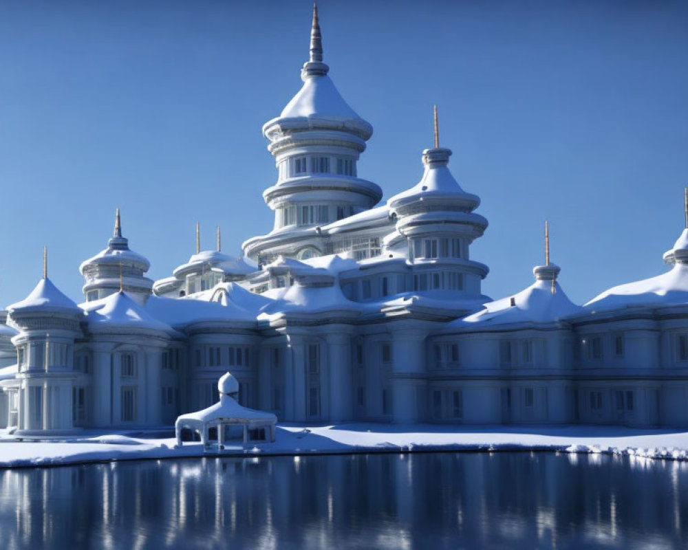 Snow-covered palace with spires reflecting in tranquil water