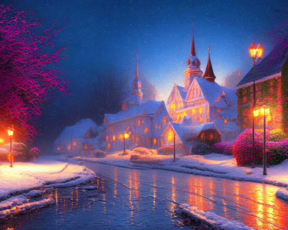 Snowy Village Night Scene with Colorful Trees and Warm Lights