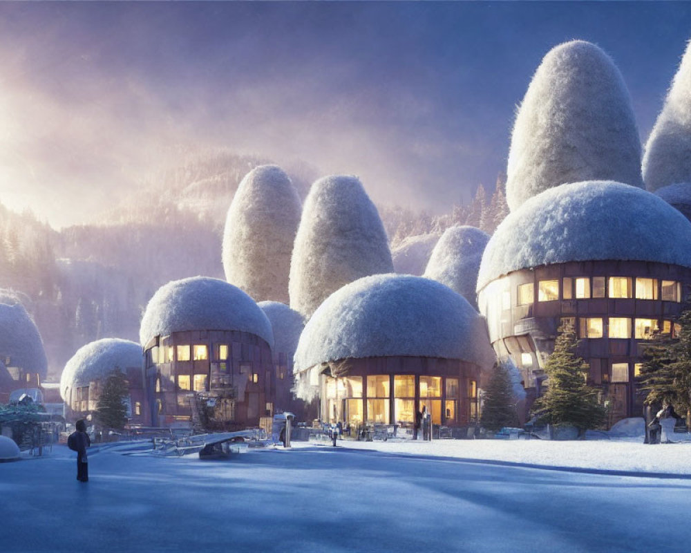 Futuristic snow-covered domed buildings in winter landscape with glowing lights.