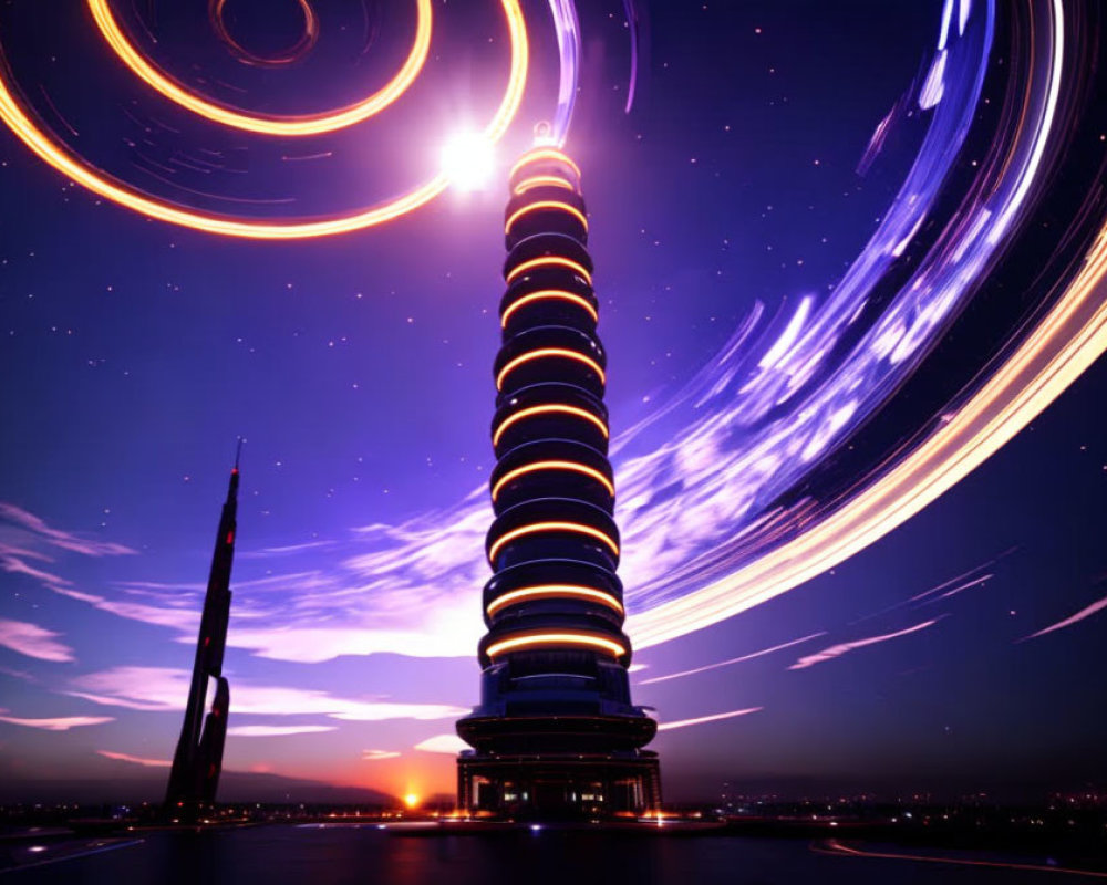 Futuristic tower with glowing rings next to sleek skyscraper at sunset