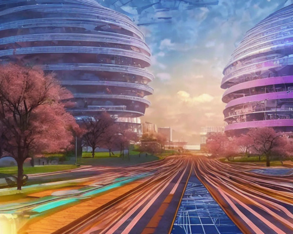Futuristic cityscape with cylindrical buildings, cherry blossom trees, and lighted roads
