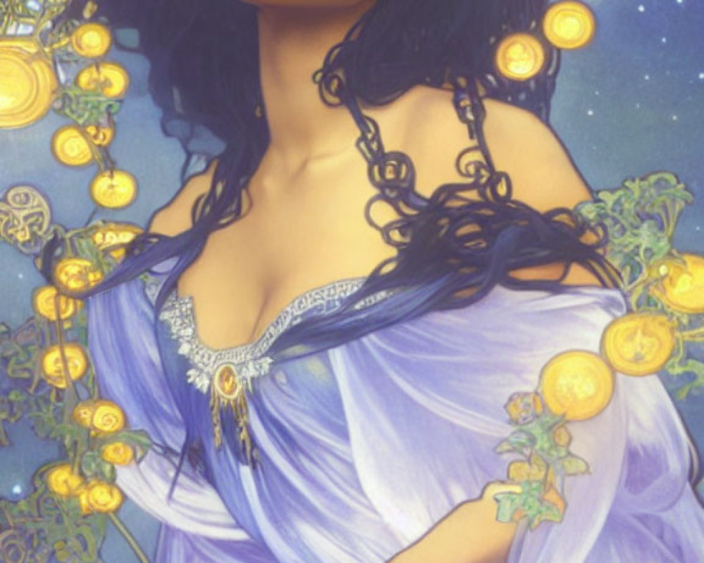 Illustrated woman in blue dress with flowing hair and golden coin-like ornaments, surrounded by vines and orbs