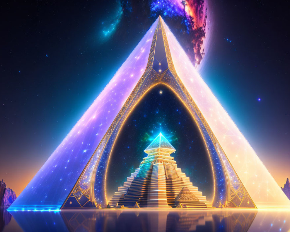 Futuristic glowing pyramid under starry sky with cosmic visuals