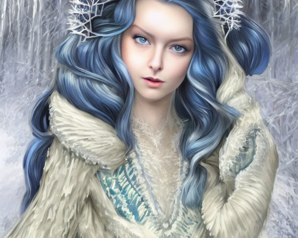 Fantasy illustration of woman with blue hair and icy blue eyes in white fur coat and frosty crown