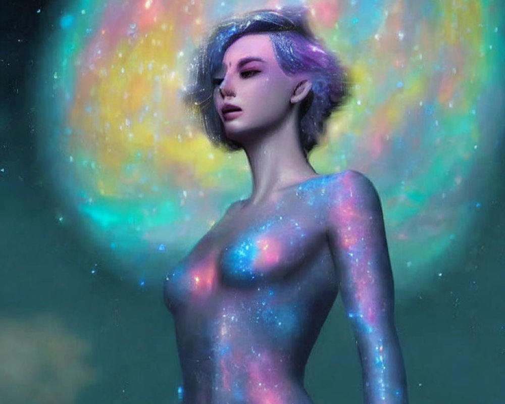 Cosmic-themed digital artwork of a woman against starry nebula background