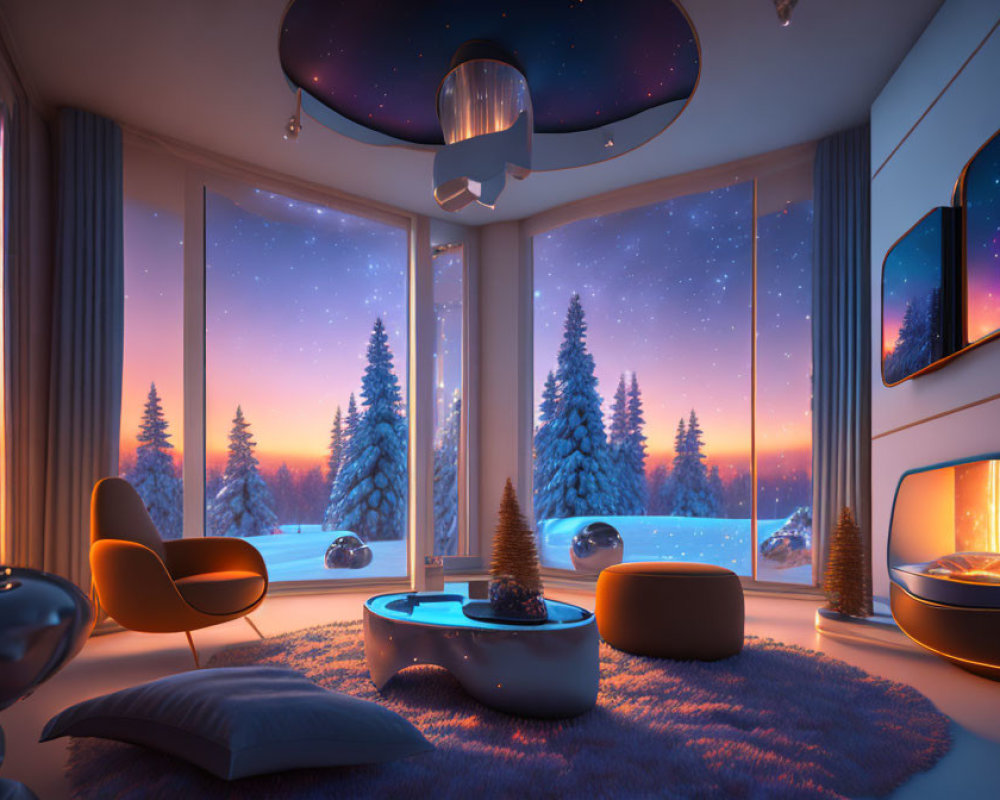 Modern Room with Large Windows and Fireplace Overlooking Snowy Landscape