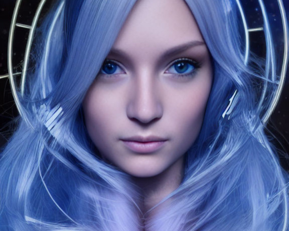 Cosmic-themed digital art portrait of a woman with blue hair and eyes