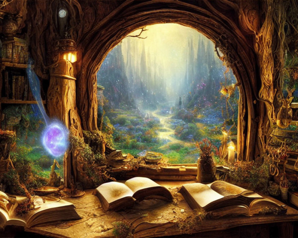 Enchanting woodland interior with magical orb and open book on table