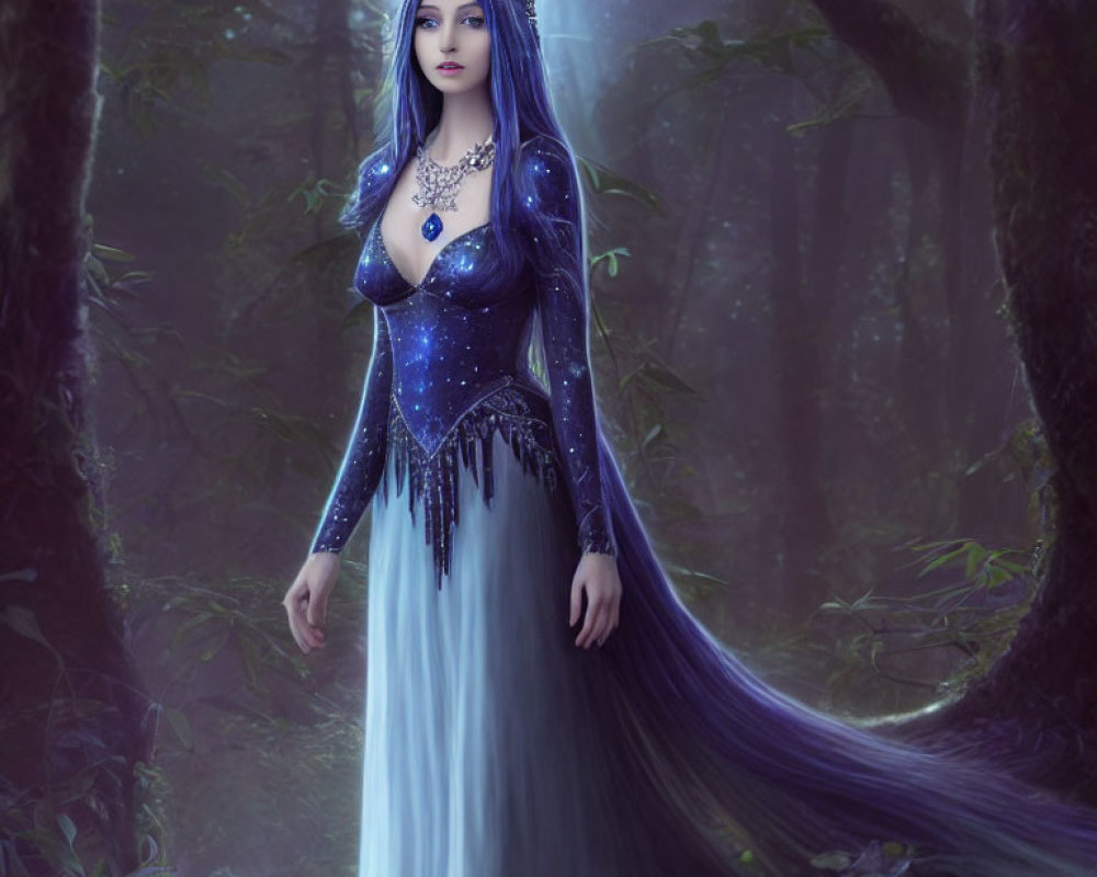 Regal fantasy figure with long blue hair in misty forest wearing starry blue gown and crystal crown