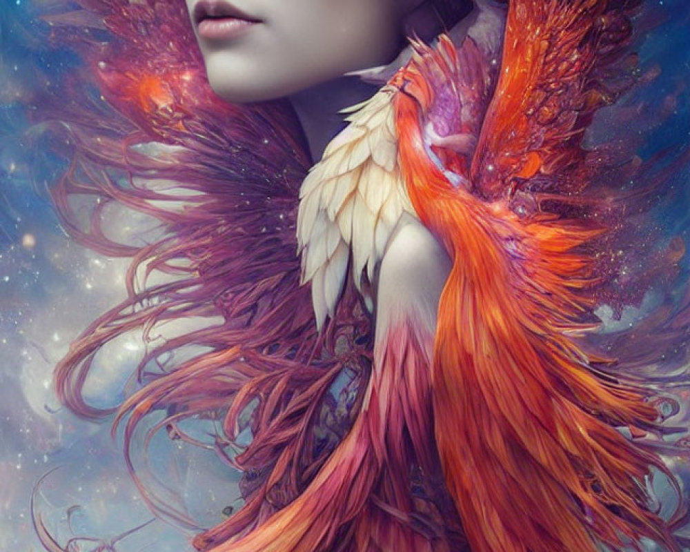 Surreal portrait of woman with vibrant bird plumage against cosmic backdrop