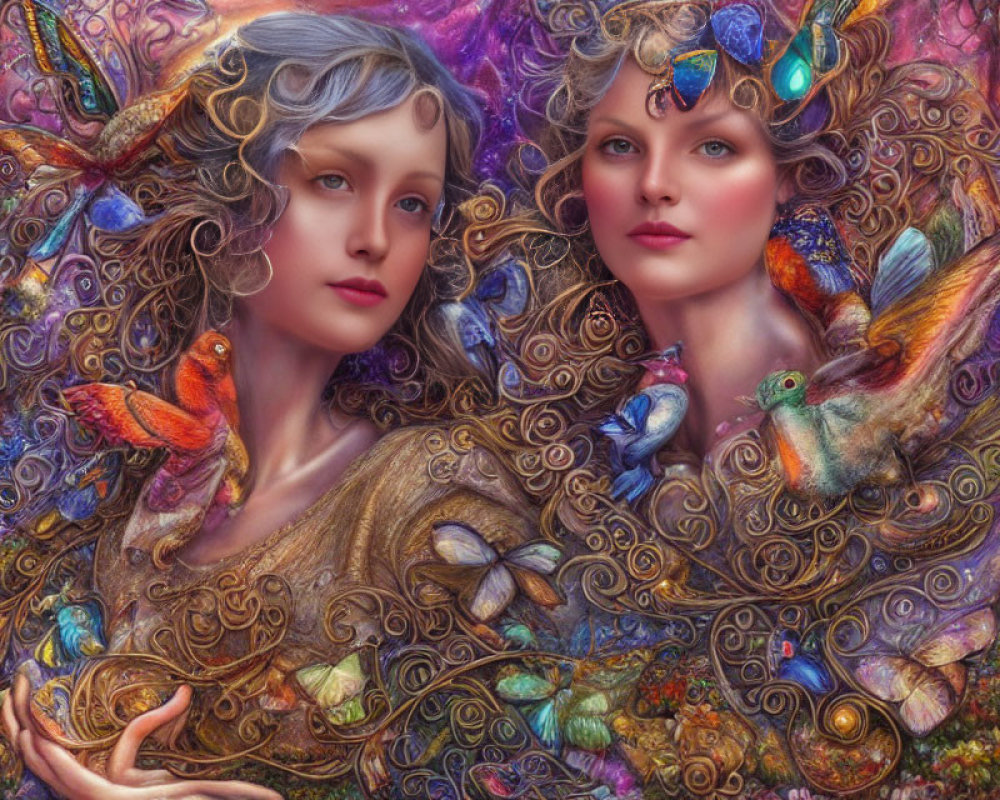 Ethereal women with butterflies and hummingbird in colorful swirls