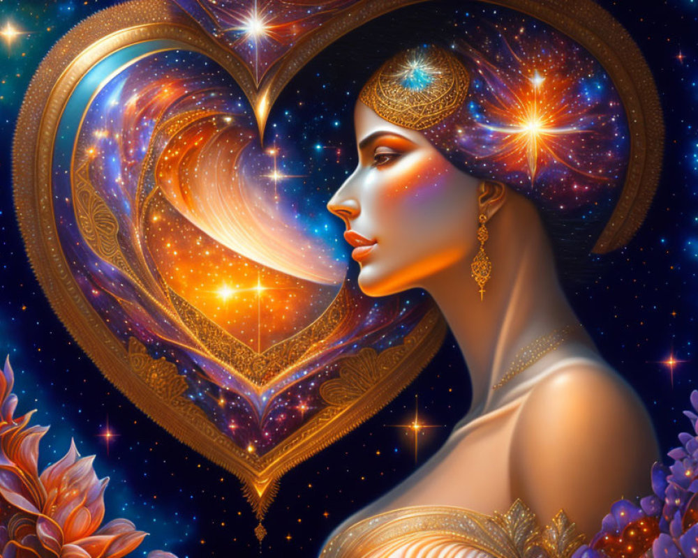Cosmic-themed digital art featuring a woman adorned with jewelry in a heart-shaped space scene