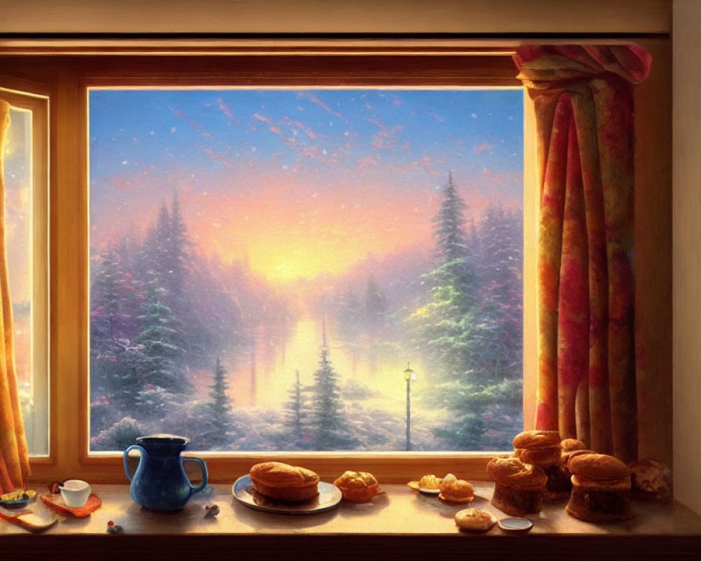 Twilight forest view through window with baked goods and blue pitcher