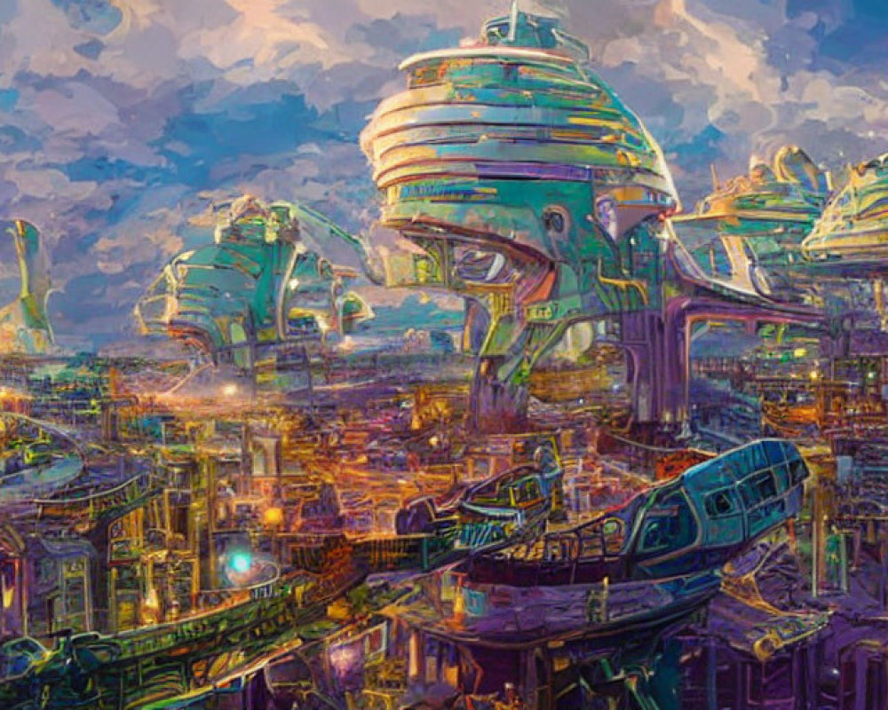 Vibrant futuristic cityscape with dome-like structures and flying vehicles at twilight