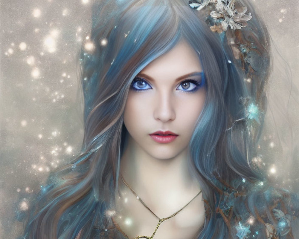 Blue-haired woman with flowers in mystical glow