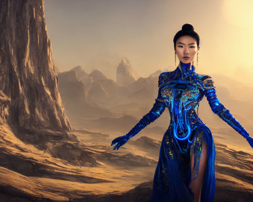 Woman in blue and gold outfit in desert landscape with cliffs and spires.