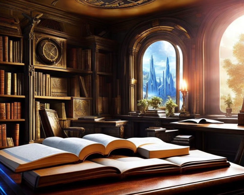 Opulent library with towering bookshelves and mountain view under warm sunlight