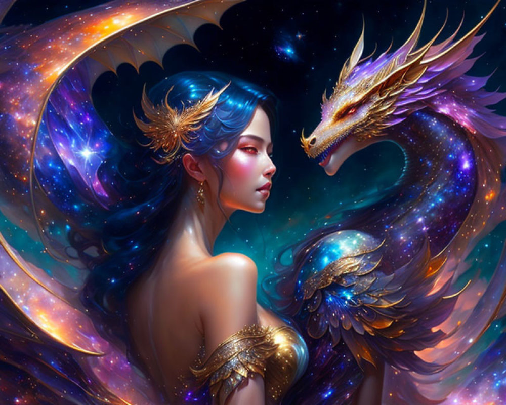 Blue-haired woman with golden feathers & dragon in galaxy backdrop