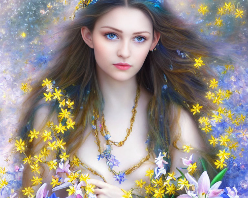 Fantastical portrait of woman with blue eyes in cosmic setting