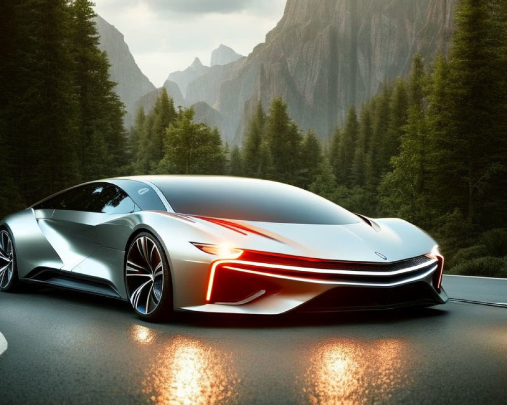 Sleek Silver Concept Car with Futuristic Red Headlights in Mountain Setting