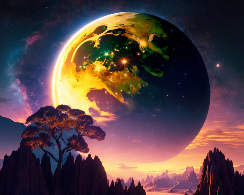 Colorful Sci-Fi Landscape with Tree, Rocky Terrain, and Oversized Earth-like Planet in Starry