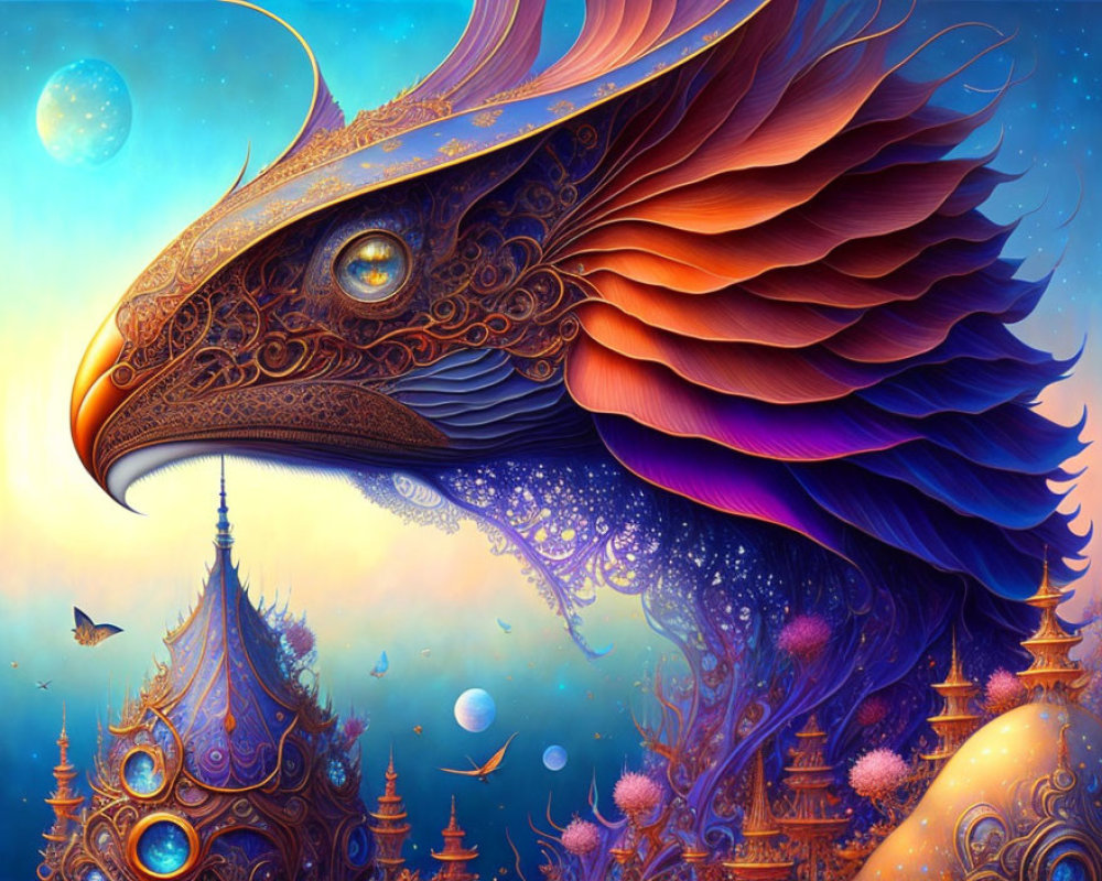 Colorful illustration of majestic bird and ornate architecture under celestial sky