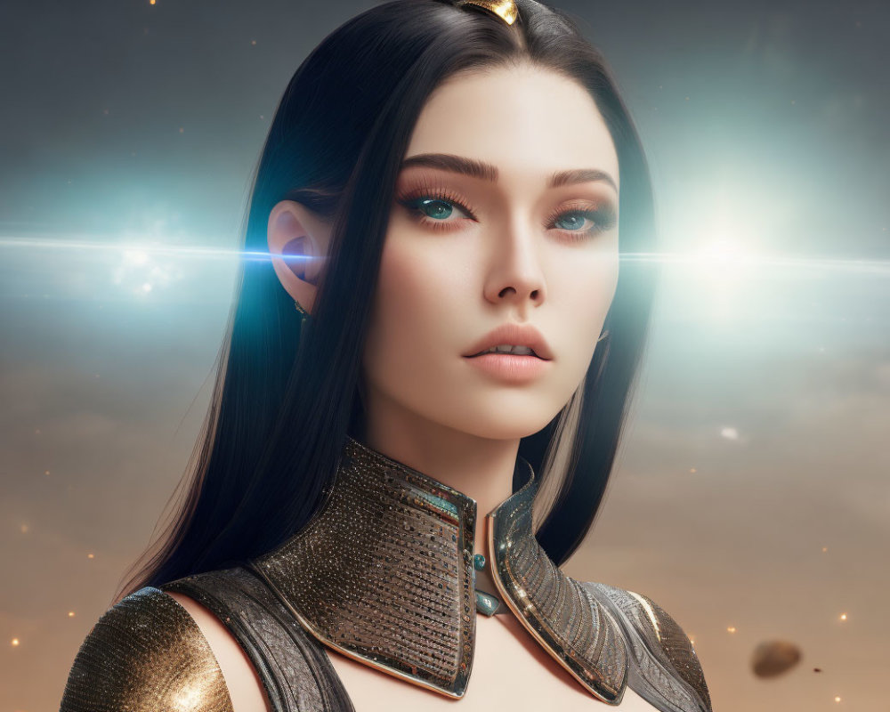 Digital artwork: Woman with blue eyes in futuristic armor, glowing face, celestial background