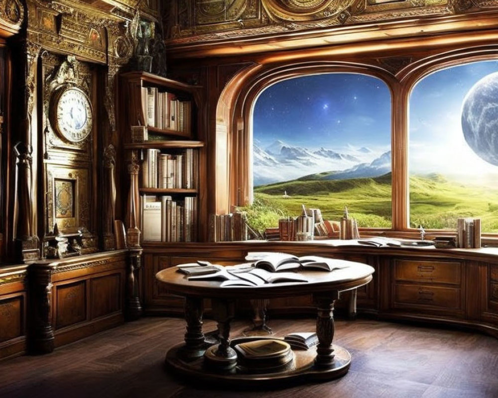Ornate study with grand window view of fantastical landscape, mountains, green field, large moon