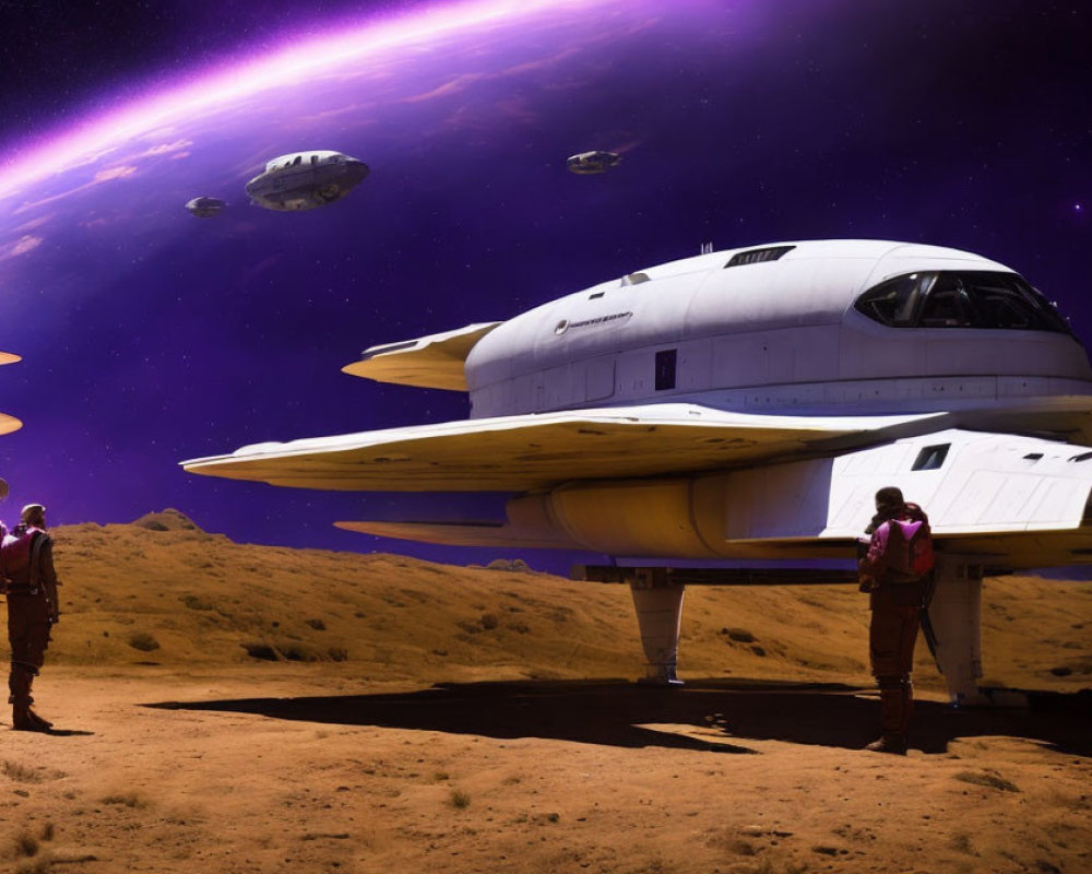 Astronauts on alien planet with spacecraft under purple sky