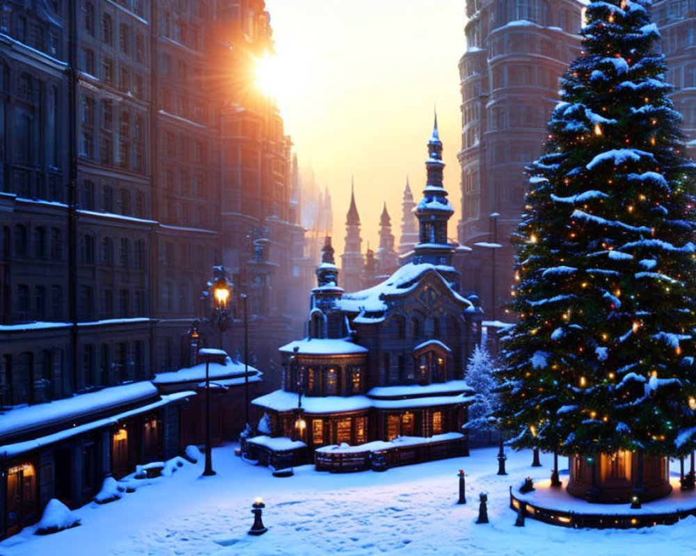 Snow-covered cityscape with Christmas tree and sunset glow.