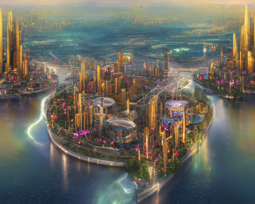 Luminous futuristic cityscape with vibrant lighting