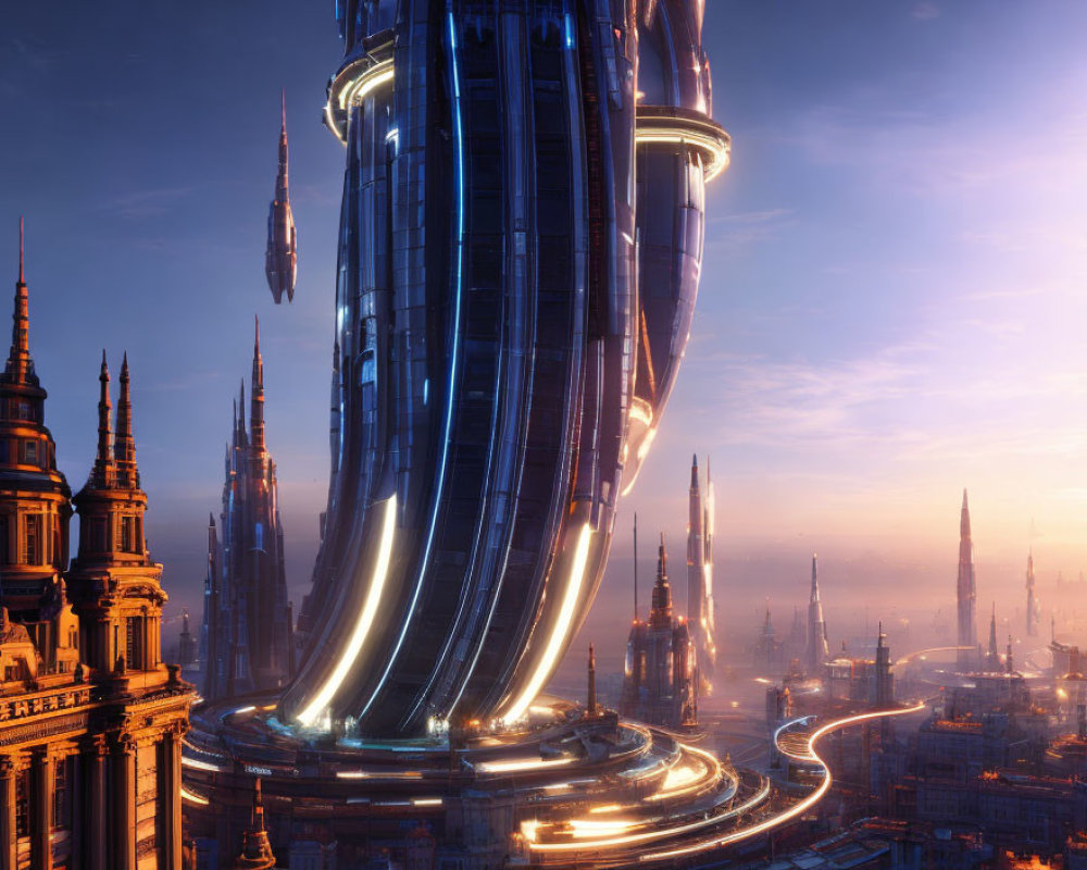 Futuristic cityscape with illuminated towers and flying vehicles at dusk