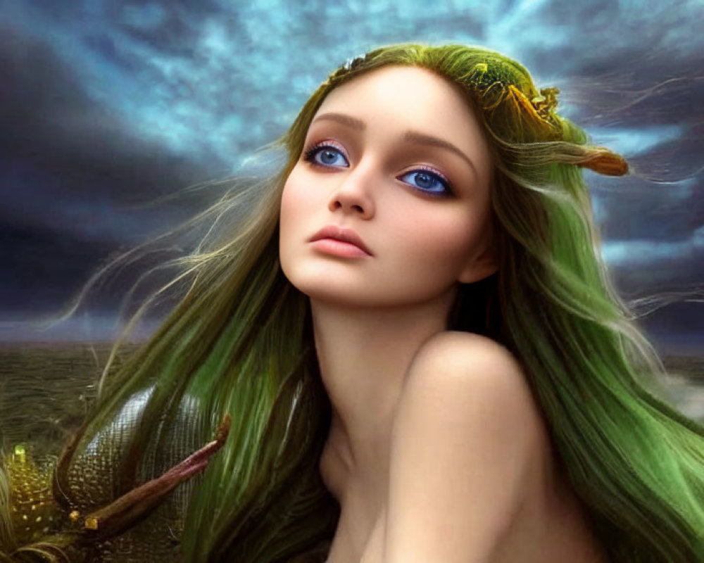 Fantastical digital artwork: Female figure with green hair, blue eyes, golden headpiece, under