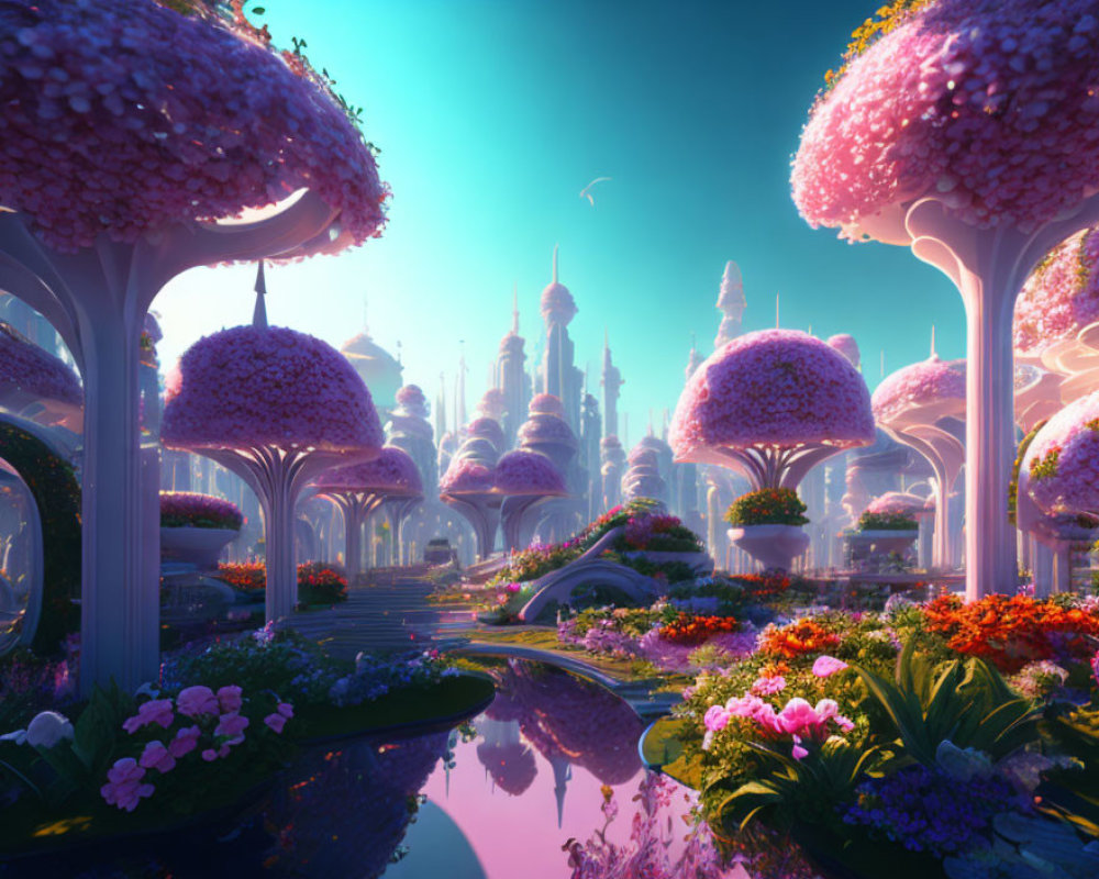 Vibrant oversized mushrooms in fairytale landscape with reflective river
