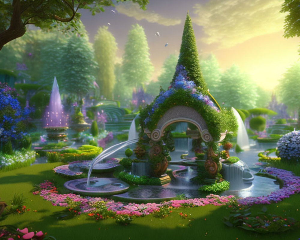 Whimsical garden scene with archway, flowers, fountains, and serene pond