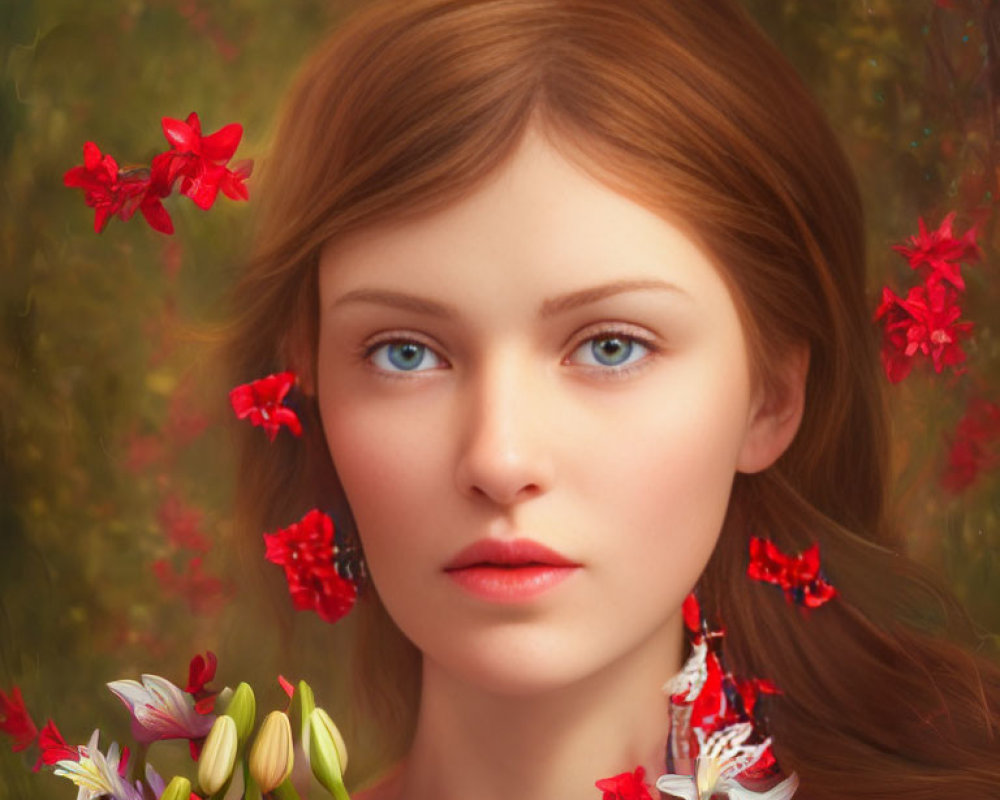Red-haired woman with blue eyes in nature surrounded by red flowers.