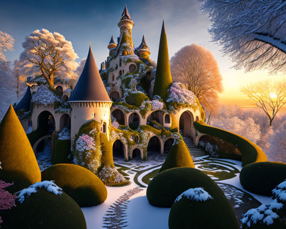 Enchanting castle with spires in snowy sunset landscape