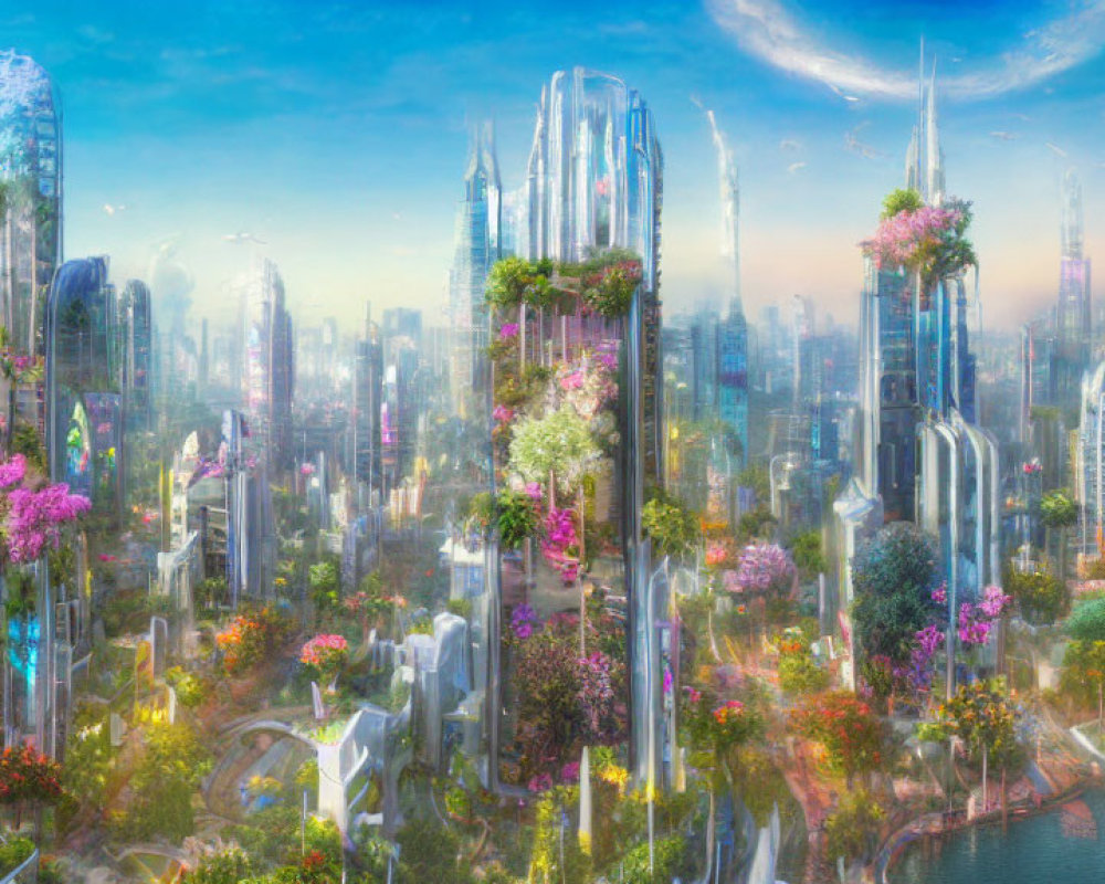 Futuristic cityscape with lush greenery, skyscrapers, and bridges