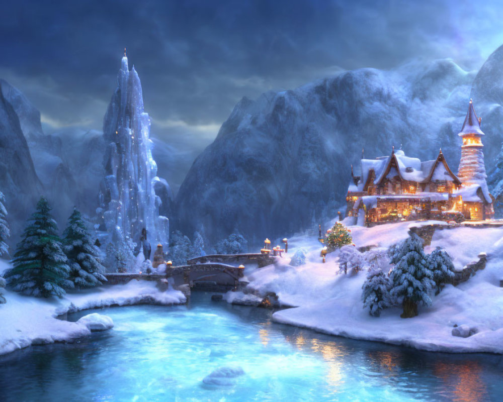 Snowy Village by Frozen River with Icy Spire