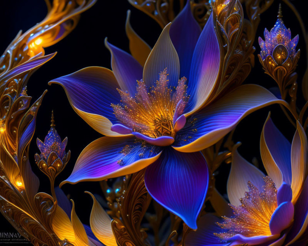 Stylized blue flower with golden details and glowing elements