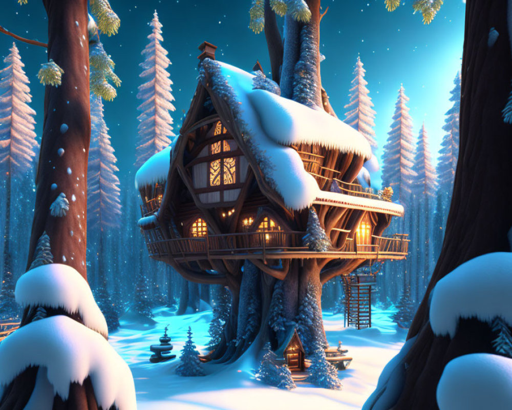Enchanting treehouse with glowing windows in snowy forest