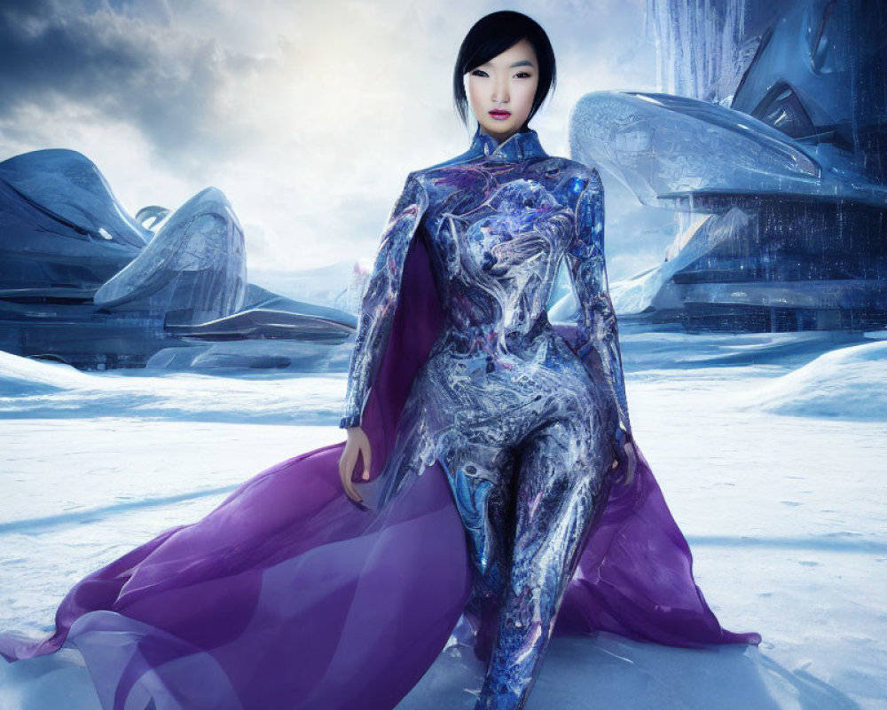 Futuristic warrior in metallic suit with purple fabric in snowy landscape