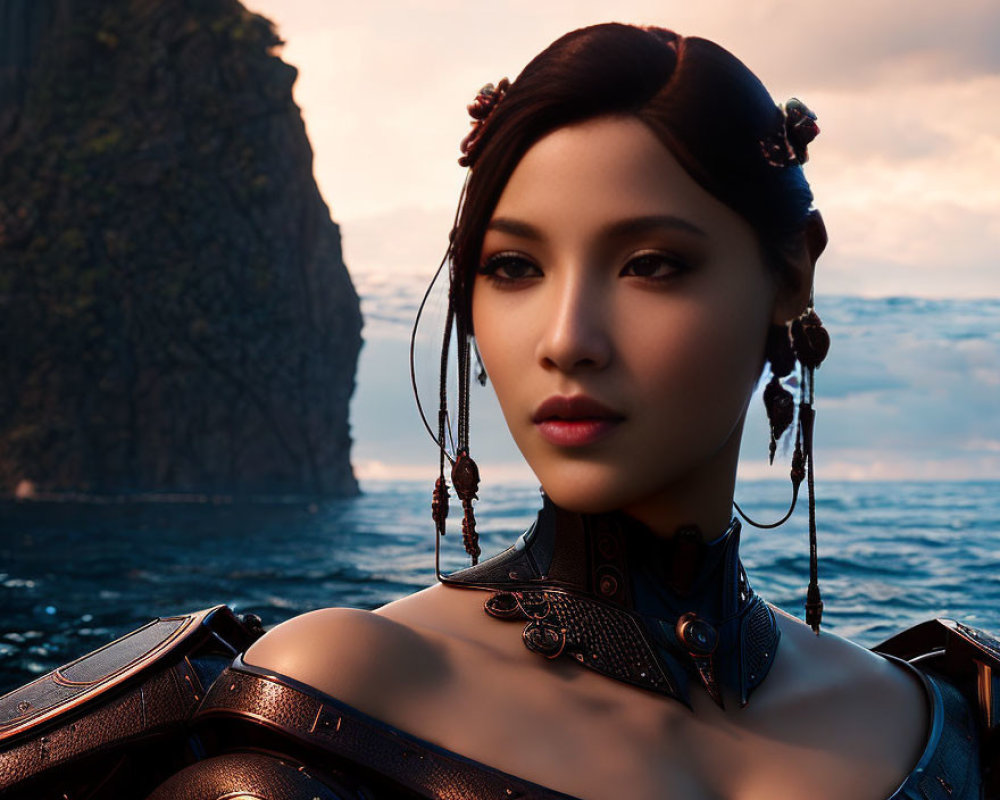 Elaborate Hair Ornaments and Dark Armor Woman Poses by Sunset Seascape