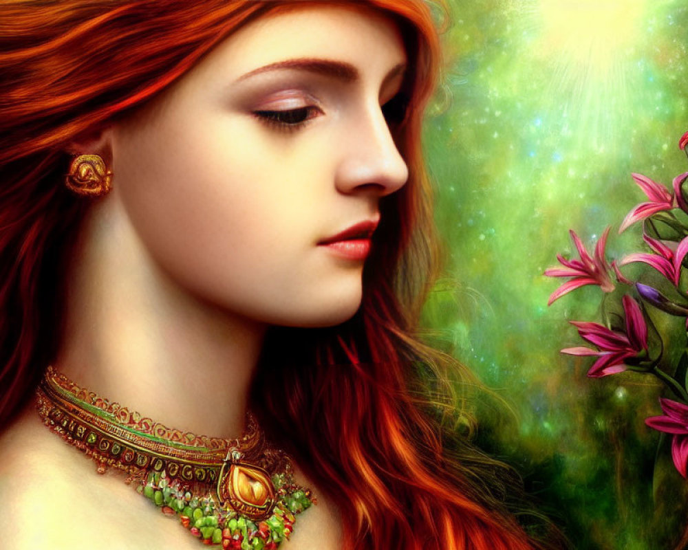 Profile of woman with red hair and green jewelry against soft glowing background with pink flowers.