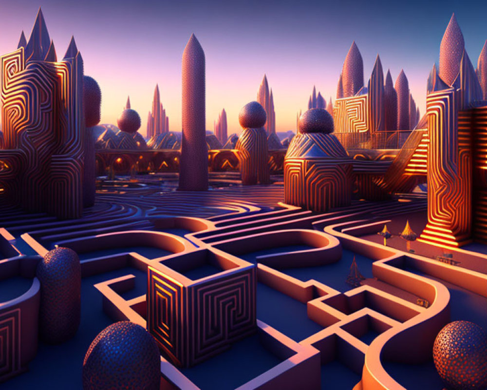 Intricate maze-like patterns in surreal landscape
